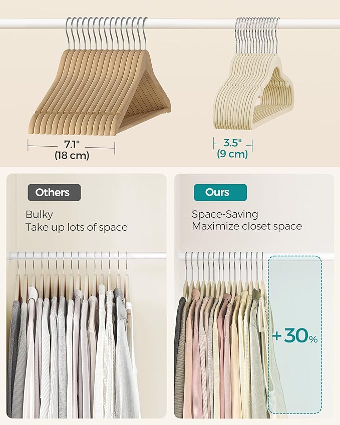 SONGMICS Velvet Hangers 100 Pack, Non-Slip Clothes Hangers with Shoulder Notches, Pants Bar, 360° Swivel Hook, Space-Saving, for Closet, Summer Sand UCRF029K100