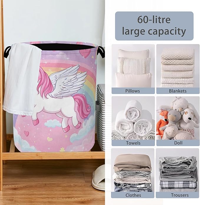 Cute Unicorn Laundry Basket,Rainbow Foldable with Handles Tote Bag Oxford Cloth for Bathroom Bedroom Dirty Clothes Storage Bucket 16" x 20.8"