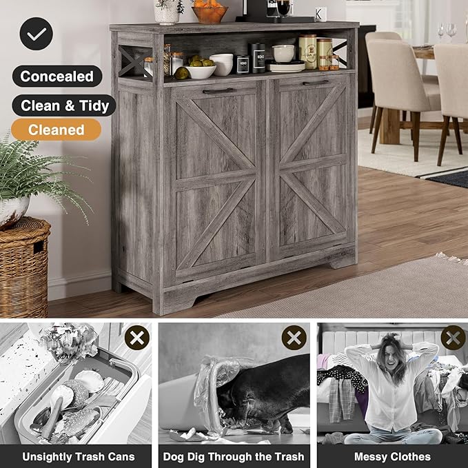 Double Tilt Out Trash Can Cabinet for 13 * 2 Gallon Garbage Can, Farmhouse Kitchen Garbage Trash Bin for Hidden Laundry Basket, Dual Dog Proof Recycling Cabinet for Dining Living Room, Grey