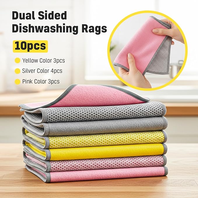 BD Prime Ventures Dual Sided Wire Cleaning Cloths 10-Pack Multipurpose Dishwashing Rags, Reusable Kitchen Scrubber, Effective Dishcloth Rag for Cookware, Multicolored (Orange, Pink, Green)