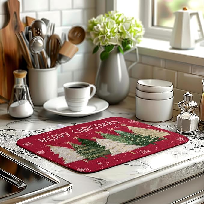 Wnoesat Merry Christmas Dish Drying Mat for Kitchen Counter 16x18 Inch Red Xmas Tree Snowflakes Drying Pad Winter Holiday Absorbent Microfiber Dish Draining Reversible Dish Drainer Rack Mat