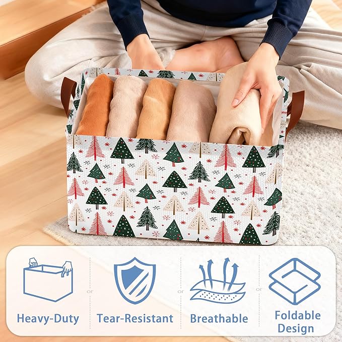 Christmas Tree Collapsible Storage Box,Winter Organizer Bin with Handles for Room Decoration,Bins Book Basket Box 17x11.5x10Inch