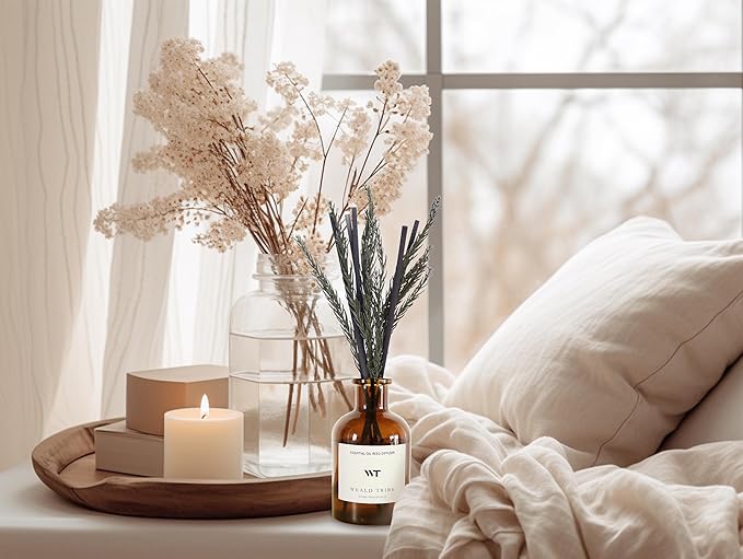 WEALD TRIBE Reed Diffuser Set for Bathroom Air Fresheners, Oil Diffuser Sticks with Flower | Balsam Fir Scent 4.0 fl oz Home Fragrance with Sticks Defusers | House Bedroom Office Shelf Decor