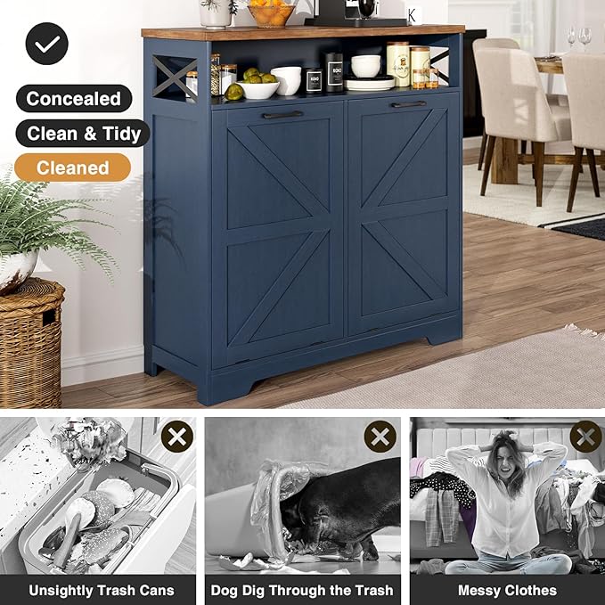Tilt Out Trash Can Cabinet for 13 * 1 Gallon Trash Can, Farmhouse Kitchen Island Cabinet with Adjustable Shelf for Hidden Laundry Basket, Dog Proof Garbage Can for Dining Living Room, Blue