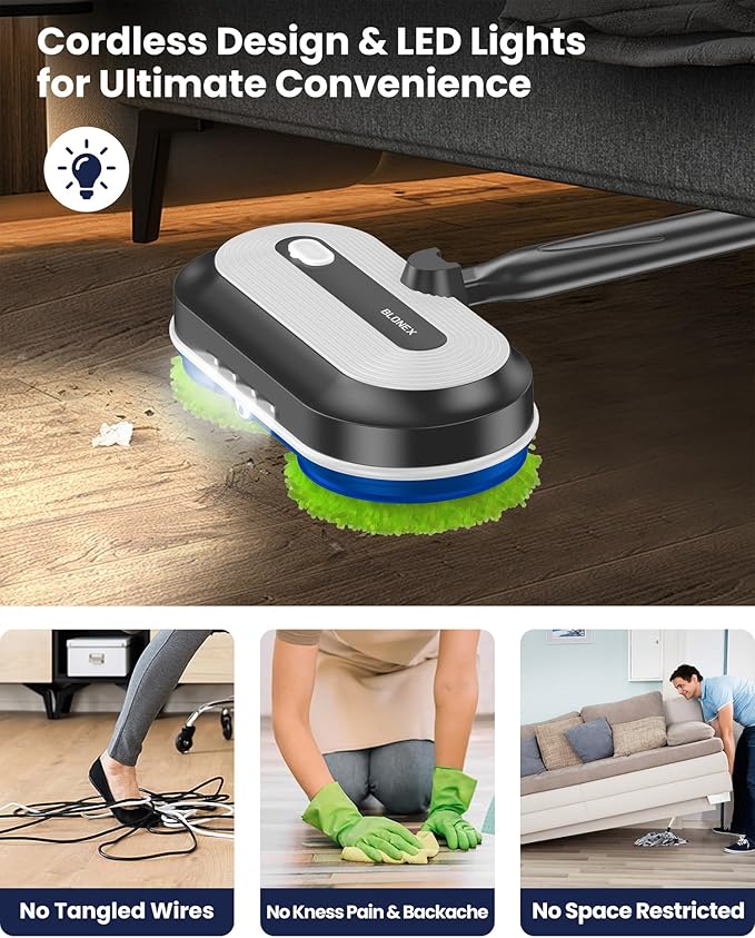 Blonex Cordless Electric Mop, Electric Spin Floor Mop with LED Headlights & Water Sprayer, Long-Lasting Battery, Large 290ml Tank, Self-Propelled Floor Cleaner with Adjustable Tube for All Floors