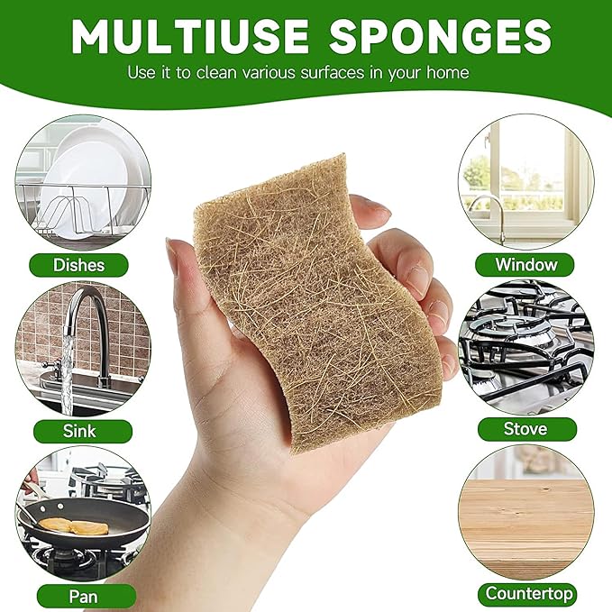 AEROZZ 10 Pack Biodegradable Natural Sponges Kitchen - Compostable Cellulose and Coconut Walnut Scrubber Sponge - Non Scratch Eco Friendly Quick Drying Sponges for Dishes