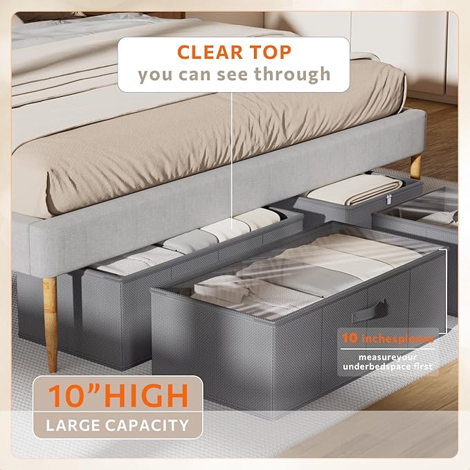 Chizjox 10inch 3 Pack Under Bed Storage Containers, 10 Inch Tall Underbed Clothes Storage Organizer Bin with Clear Window，Foldable Box Basket for Clothes, Closet, Bed Sheets and Blankets Gray