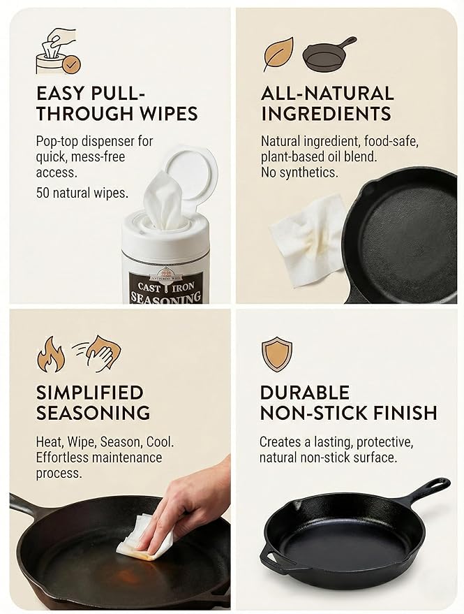 Cast Iron Seasoning Wipes (2 Pack) - Blackstone Griddle Seasoning & Conditioner - Essential Blackstone Accessories for Cast Iron Skillet Care - Made in USA Grapeseed Oil Cleaner & Restoration Kit