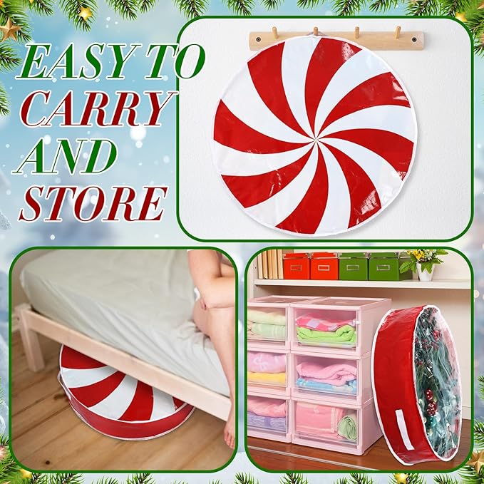 4 Pcs 30 Inch Christmas Wreath Storage Bag Candy Cane Wreath Storage Container Clear Window Dual Zipper Handle Red White Peppermint Garland Organizer for Holiday Decoration, Cute Lollipop