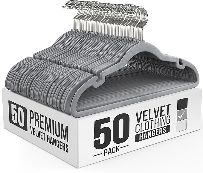 50 Pack Velvet Hanger for Shirt Pants Dresses Skirts Suits Jackets - Slim Space Saving Design - Standard Coat Hanger - Sturdy & Durable Design with Shoulder Grooves Hook