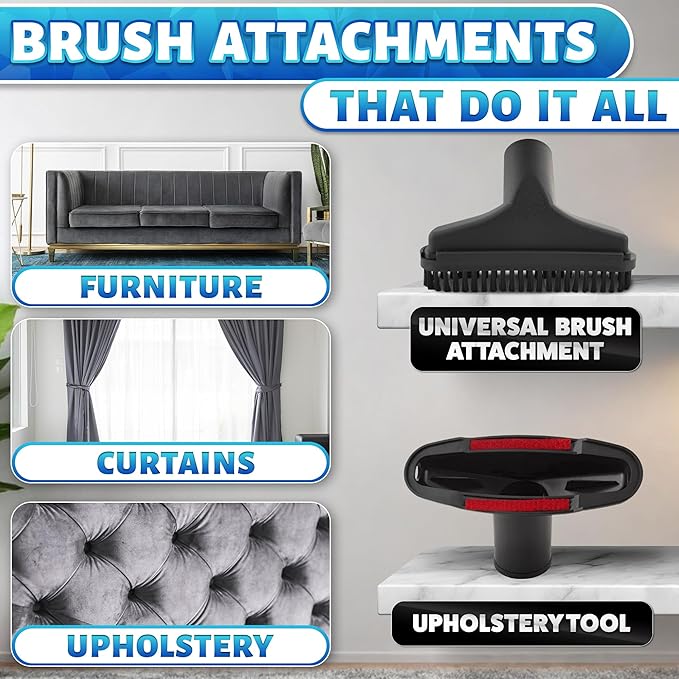 12 Pcs Universal Vacuum Attachments & Brushes Set – Vacuum Cleaner Attachments Universal 2 1/2" 1 1/4" with Soft Bristles – Durable PP, Multi-Purpose for Car, Home, Workshop Cleaning, Extended Reach