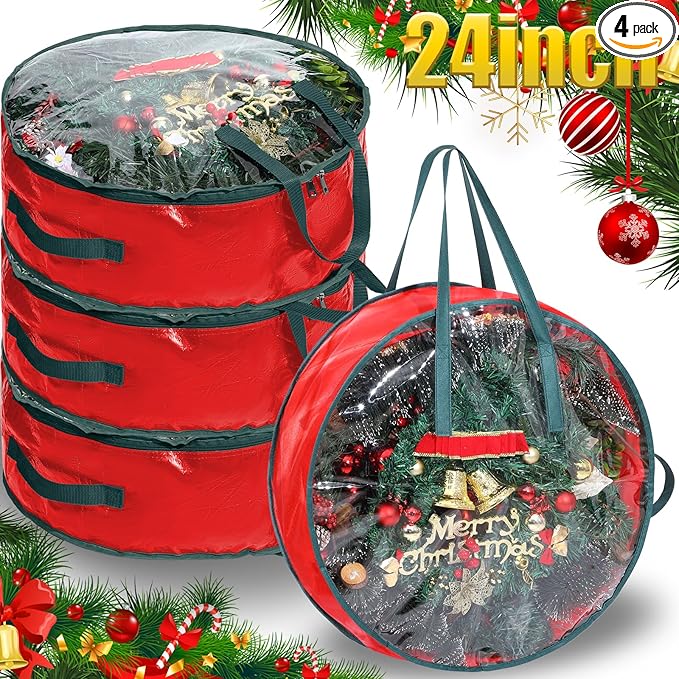 Shappy 4 Pcs 24 x 7 Inch Wreath Storage Containers, Christmas Ornament Garland Wreath Storage Bags with Handle Dual Zipper Large Decorative Storages Box for Holiday Decor