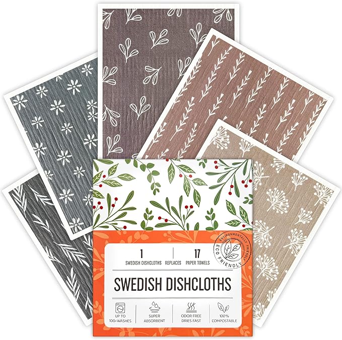 Augine Swedish Dishcloths for Kitchen, 5 Pack Reusable Paper Towels Washable, Super Absorbent Swedish Dish Cloths, Non-Scratch, Biodegradable