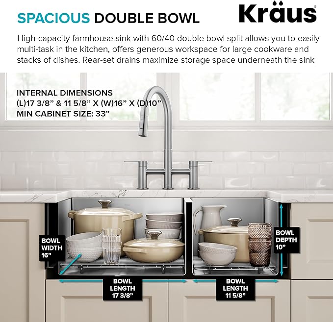 KRAUS Standart Pro 33-Inch Apron Front Farmhouse 16-Gauge 60/40 Double Bowl Stainless Steel Kitchen Sink, KHF203-33
