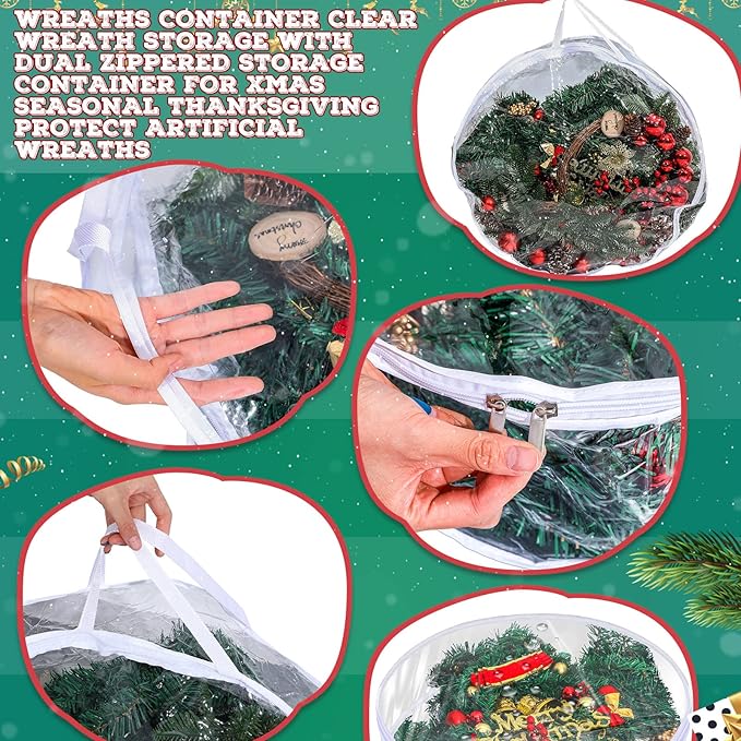 Zhengmy 4 Pack 30" 24" Wreath Storage Container Clear Christmas Wreath Storage Bags with Handle and Dual Zipper Plastic Decorative Garland Protector for Xmas Seasonal Holiday(White)