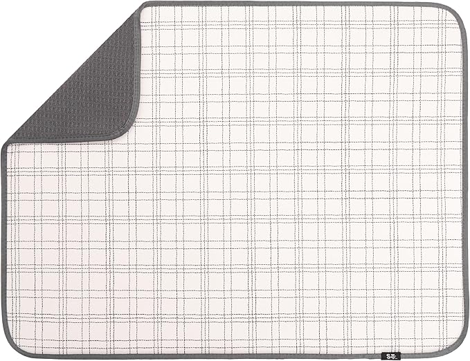 S&T INC. Dish Drying Mat XL, 18” x 24”, Absorbent Microfiber Kitchen Counter Mat, Dish Drying Pad for Dishes, Utensils, Pots and Pans, Extra Large, Stitched Plaid