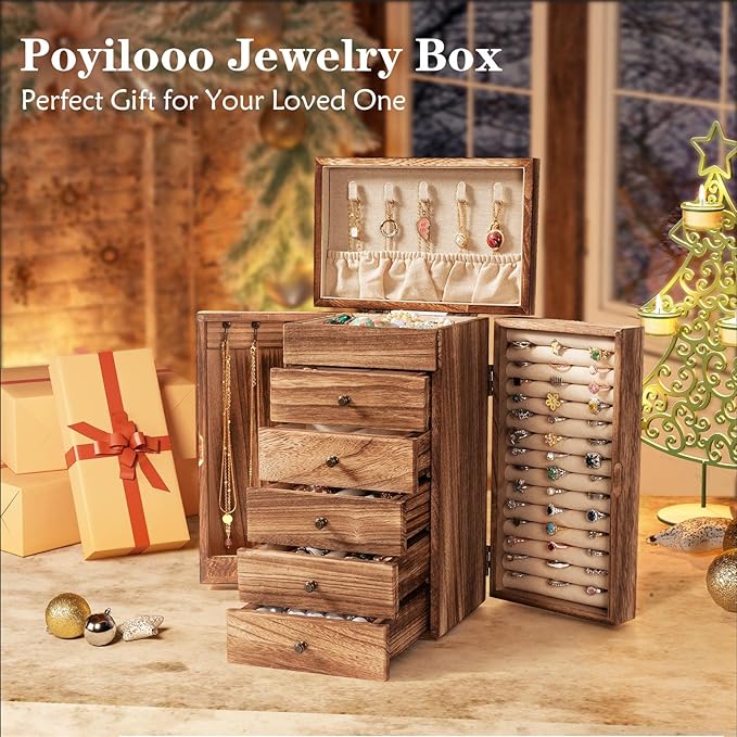 Jewelry Boxes for Women Girls, 9"x 5.9"x 12" Wooden 5-Layers Jewelry Organizer and Storage with Drawer, Suitable for Earring, Ring, Necklace, Bracelet, Gifts for Women