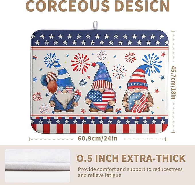 Wnoesat 4th of July Dish Drying Mats for Kitchen Counter 18x24 In Memorial Independence Day Patriotic Gnome Stars Microfiber Drying Mat Fourth of July USA Super Absorbent Dish Rack Mat Drying Pad