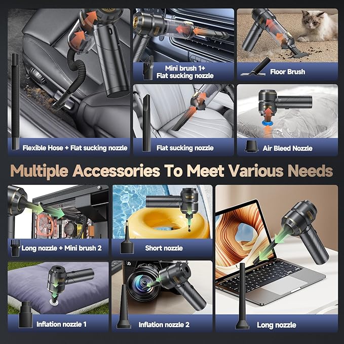 AIPROIN Car Vacuum Portable Cordless, Foldable Handheld Vacuum with Brushless Motor, 22000PA High Power Mini Hand Vacuum Cleaner & Air Blower & Duster & Pump for Home, Pet, Office