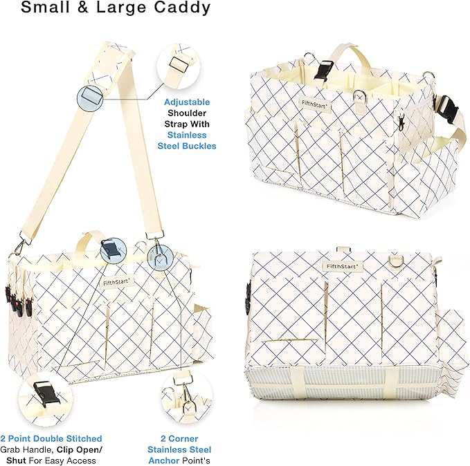 FifthStart Cleaning Caddy for Cleaning Supplies - Large Cleaning Bag Organizer Tote with Shoulder Strap, Mesh Base & Adjustable Dividers - Heavy Duty Cleaning Bags for Housekeepers (Blue Check, Large)