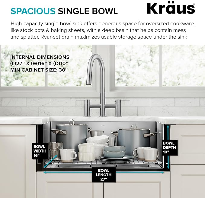 KRAUS Standart Pro 30-Inch Apron Front Farmhouse 16-Gauge Single Bowl Stainless Steel Kitchen Sink, KHF200-30