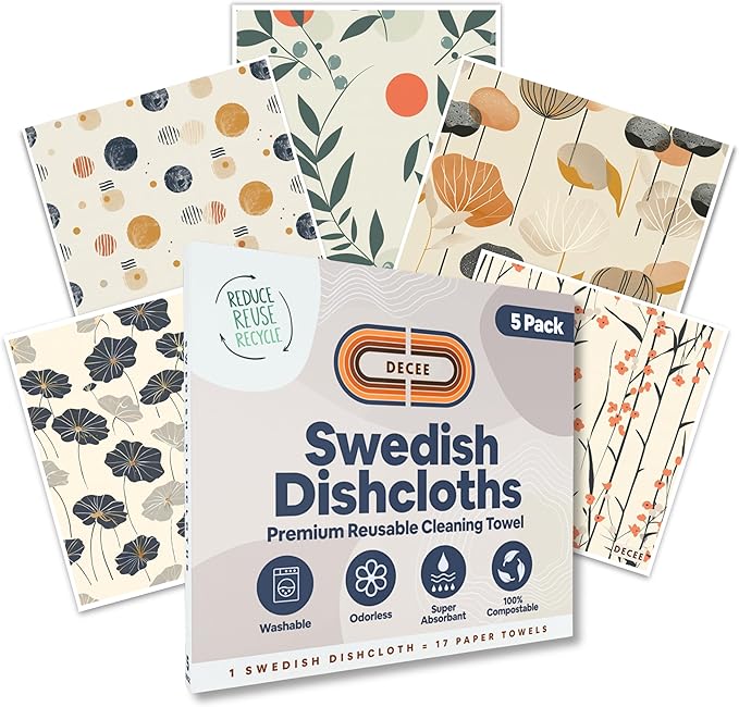 DECEE Swedish dishcloths (Blossom) 5 Pack Reusable Paper Towels | Washable | Swedish Dish Towels | Non-Scratch Cellulose Sponge Cloths | No Odor, Biodegradable Cleaning Cloths