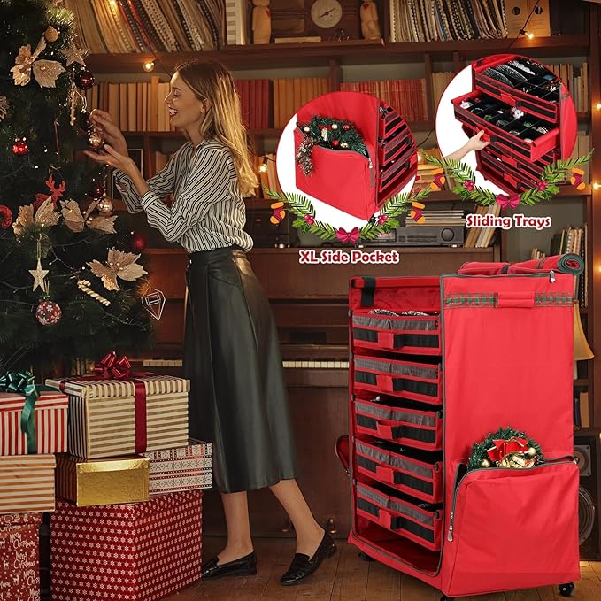 Rolling Christmas Ornament Storage Box - 120Pc Steel-Frame Decor Organizer Chest with Adjustable Dividers, Removable Trays & Side Pockets | Large Holiday Decoration Container on Wheels