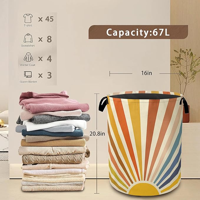 Colorful Boho Laundry Basket,Sunrise Rainbow Collapsible Laundry Baskets with Handles,Waterproof Oxford Cloth Storage Basket 16"x20" for Bathroom/Bedroom/Dormitories
