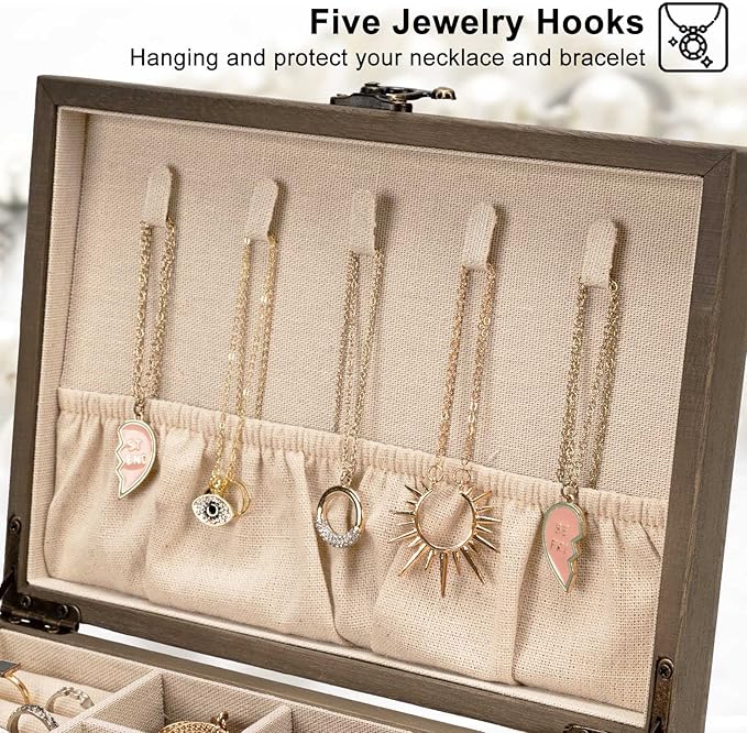 Pinzoveco Jewelry Box for Women, Rustic Wooden Jewelry Organizer Box for Storage Earrings Rings Necklace Bracelet, Farmhouse Style Wood Jewelry Boxes & Organizers (Gray)