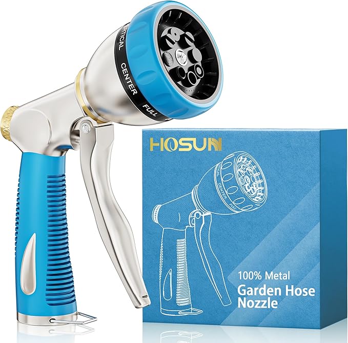 HOSUN Garden Hose Nozzle Sprayer Heavy Duty, 100% Metal Water Hose Nozzle with 8 Spray Patterns, High Pressure Hose Spray Nozzle with Non-Slip Grip for Watering Plant & Lawn, Washing Car & Pet, Blue