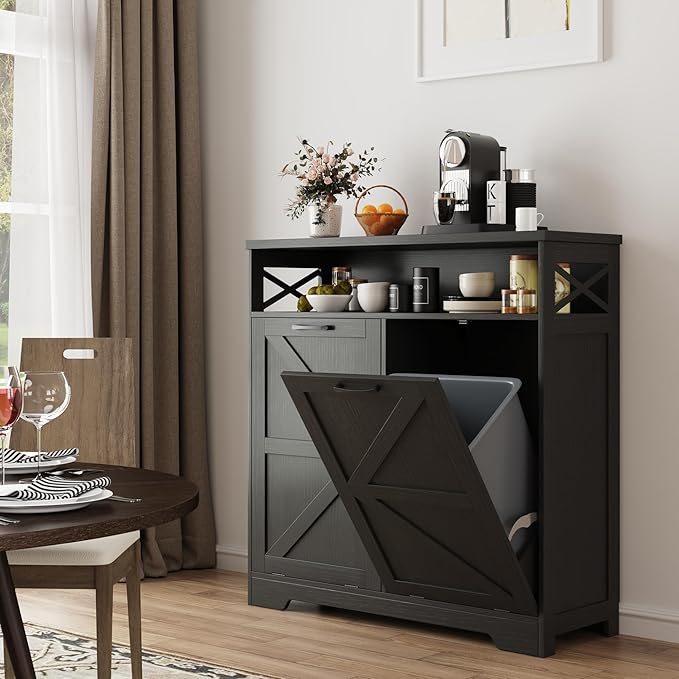 Double Tilt Out Trash Can Cabinet for 13 * 2 Gallon Garbage Can, Farmhouse Kitchen Garbage Trash Bin for Hidden Laundry Basket, Dual Dog Proof Recycling Cabinet for Dining Living Room, Black