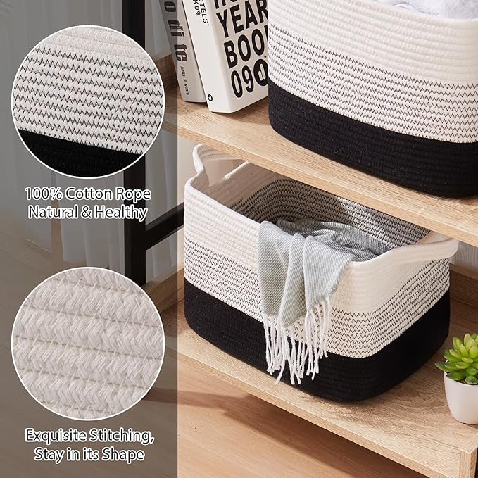 Storage Baskets for Organizing, Woven Baskets for Shelves, Rectangle Decorative Organizer for Storage Clothes, Toy, Books, Towels Nursery Bins 3 Pack (Gradient Black, 13"x9.85"x8.7")