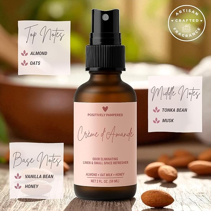 Crème d’Amande Luxury Small Space Air & Linen Freshener Spray - Almond + Oat Milk + Honey - Artisan Blended Home Fragrance - Non Toxic Odor Eliminator - 2 oz Travel Size Room Spray