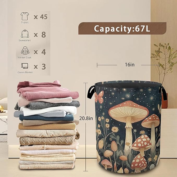 Fantasy Mushroom Laundry Basket,Butterfly Stars Collapsible Laundry Baskets with Handles,Waterproof Oxford Cloth Storage Basket 16"x20" for Bathroom/Bedroom/Dormitories