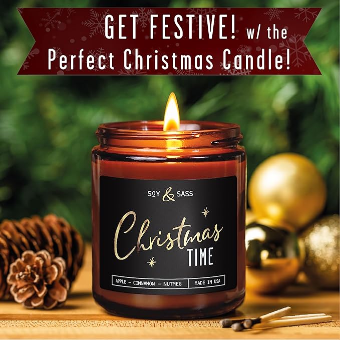 Christmas Candles Scented – ‘Christmas Time’ Soy Christmas Candle, w/Apple, Cinnamon, Clove - Infused with Essential Oils I Holiday Candles I 9oz, 50Hr, Made in USA