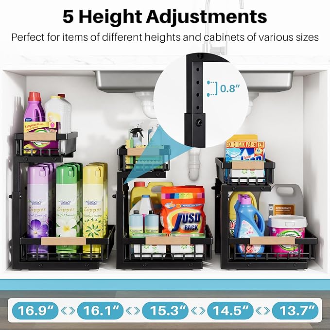 Jusdyrack 1 Packs 2 Tier Pull Out Cabinet Organizer Storage Shelf, Sliding Under Sink Organizers, Metal Drawer for Kitchen, Bathroom, Pantry Closet Organization Rack,Black