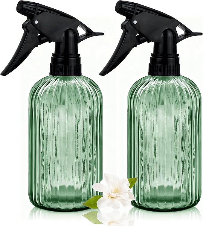 Green Glass Spray Bottle, Refillable Indoor Plant Mister,13.5oz Water Spray Bottle with Adjustable Nozzle,Plant Mister Spray Bottles for Indoor Plants, Cleaning, Hair Care, Pets Care(2pcs)