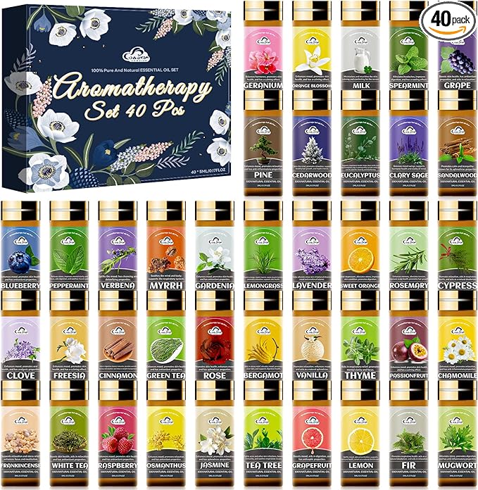 Essential Oil Set, 40 Pcs Aromatherapy Essential Oils for Diffusers for Home, 5ML Fragrance Gift Set for Skin Care, Humidifier, Laundry, Massage, Candle and Soap Making