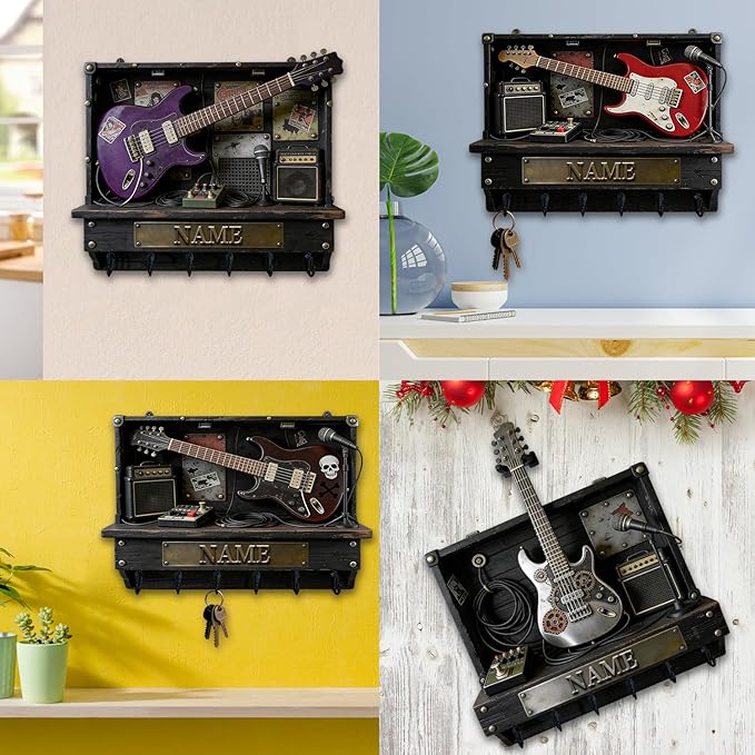 Personalized 2D Flat Print Guitar Stand Themed Wall Mounted Hooks for Music Lovers Family Friends Custom Rock Electric Guitar Coat Rack Music Themed Key Storage Holder for Living Room Hallway Office