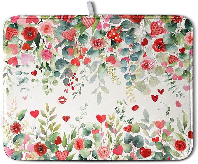 Wnoesat Valentine Dish Drying Mat for Kitchen Counter 18x24 Inch Valentines Love Heart Rose Eucalyptus Leaf Dishes Drying Pad Microfiber Absorbent Dish Draining Mat Washable Dish Drainer Mats