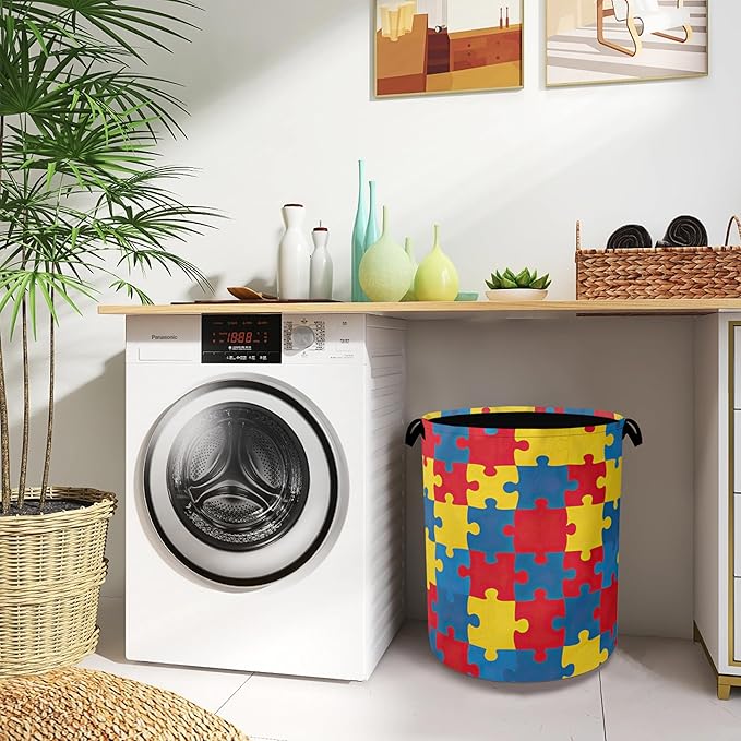 Colorful Puzzle Laundry Basket,Foldable with Handles Tote Bag Oxford Cloth for Bathroom Bedroom Dirty Clothes Storage Bucket 16" x 20.8"