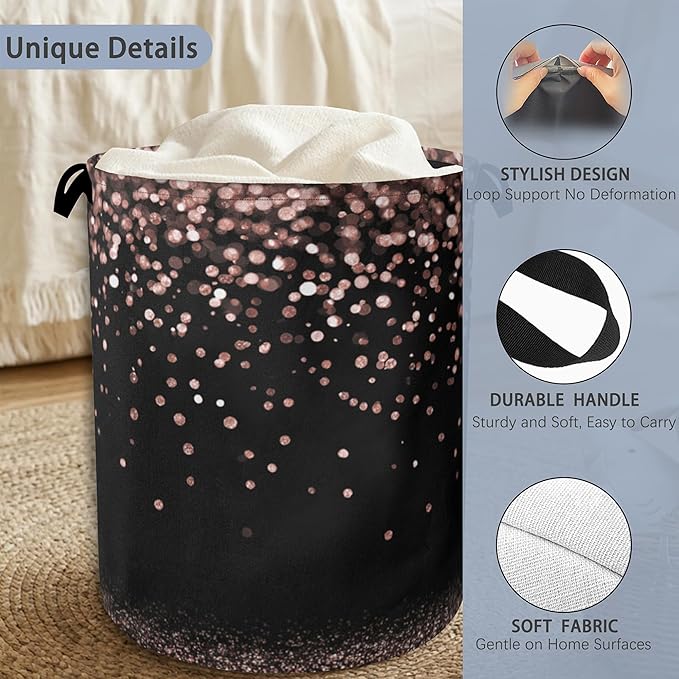 Pink Glitter Laundry Hamper,Dirty Clothes Laundry Basket with Handles Waterproof Oxford Cloth Storage Basket for College Dorms Bathroom Bedroom 16" x 20.8"