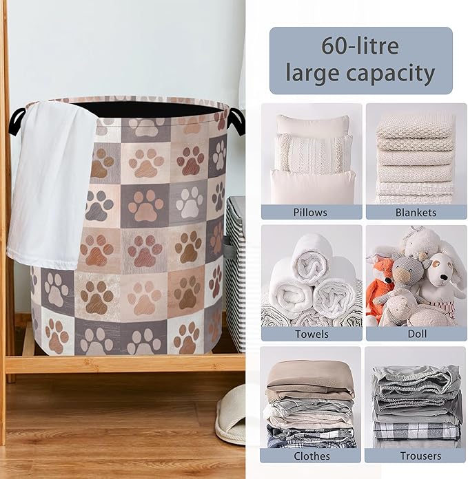 Colorful Dog Cat Laundry Basket,Paws Foldable Oxford Cloth Tote Bag Laundry Hamper Clothes Storage Bucket Organizer for Bedroom Laundry Storage Dormitories 16" x 20.8"