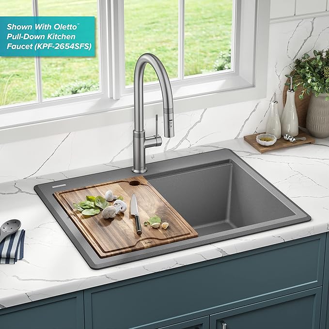 KRAUS Bellucci 28-inch Granite Workstation Drop In Top Mount Single Bowl Kitchen Sink in Metallic Grey with Accessories, KGTW12-28MGR