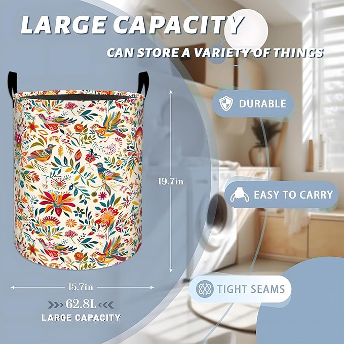 Colorful Bird Among Vibrant Floral Laundry Basket with Handles, 19.7"x15.7" Clothes Foldable Folk Art Laundry Hamper Organizer for Dorm Nursery Bedroom Bathroom Decor, Toy Storage Bin for Kids