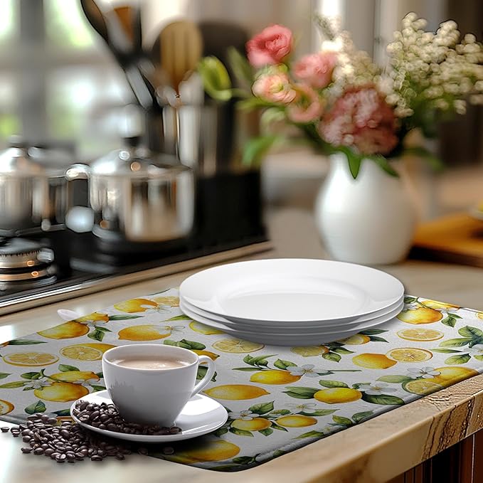 Lemon Dish Drying Mat Spring Summer Kitchen Dish Drying Pad Absorbent Drying Mat for Countertops Dish Dryer Mat Microfiber Dishes Drainer Pad Dish Drying Rack Mat (18x24 in)