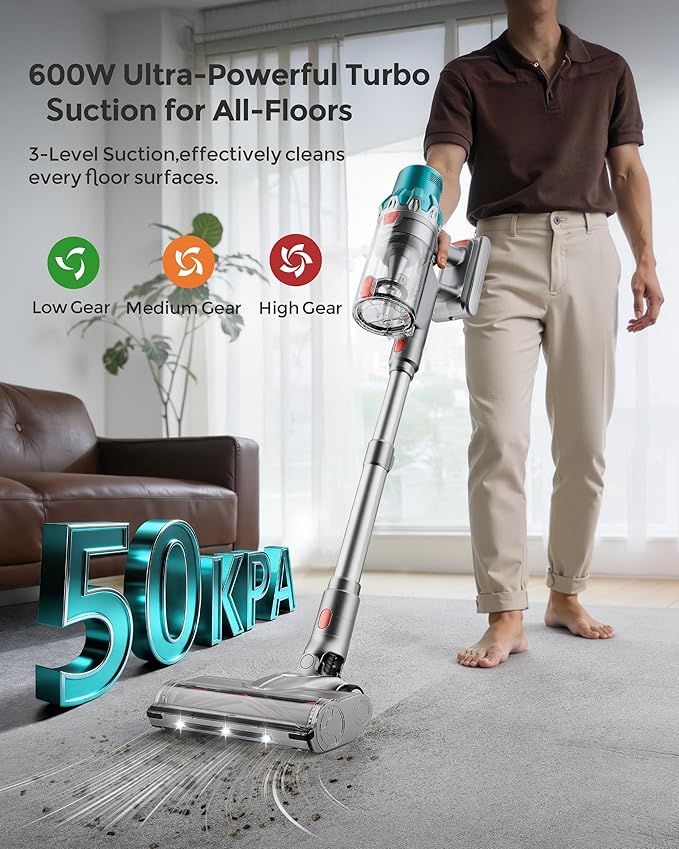 Hivroo V6 Cordless Vacuum Cleaner,600W Stick Vacuum with LED Touch Screen,70Mins 50KPA Self-Standing Wireless Vacumm,Upgraded Anti-Tangle Vacuum Cleaner for Home,Pet Hair,Carpets,Floor,Green