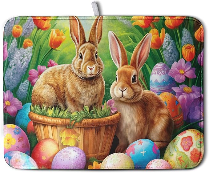 Kwlegh Easter Bunny Eggs Dish Drying Mat for Kitchen Counter, Tulip Floral Flower Drying Mat Spring Summer Holiday Dish Mat Drying Kitchen Mat Absorbent Kitchen Drying Mat for Sink 16x18Inch