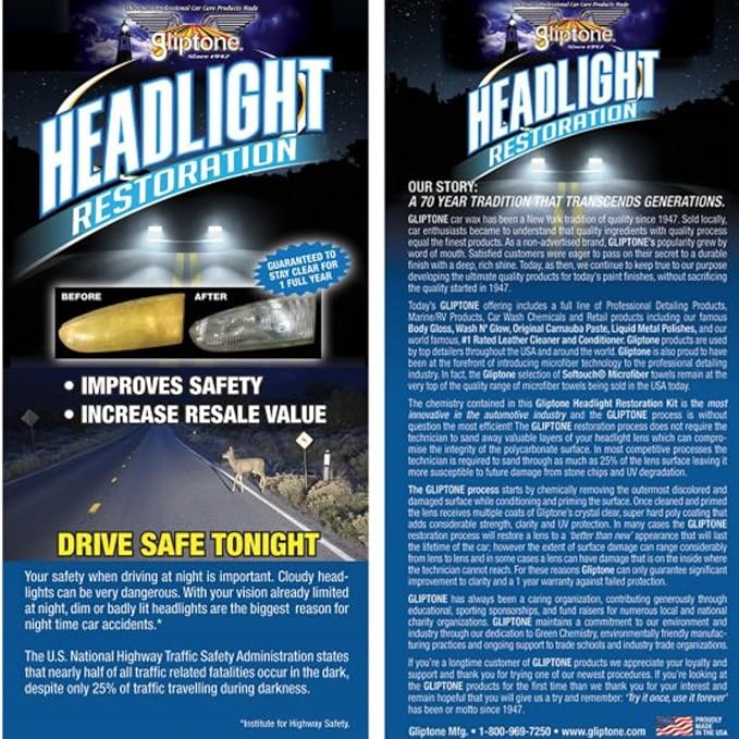 Gliptone Headlight Restoration Kit, No Sanding or Tools Required, Restores Yellowed and Cloudy Headlights, Improves Night Visibility, UV Protective Clear Coat, Easy 2 Step Process, 7 Piece Kit
