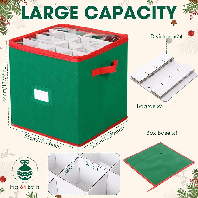 Chengu 2-pack Christmas Ornament Storage Stores up to 64 Christmas Ball Accessories Holder with Adjustable Dividers, Zippered Closure Two Handles for Holiday Ornaments and Xmas Decorations(Army Green)